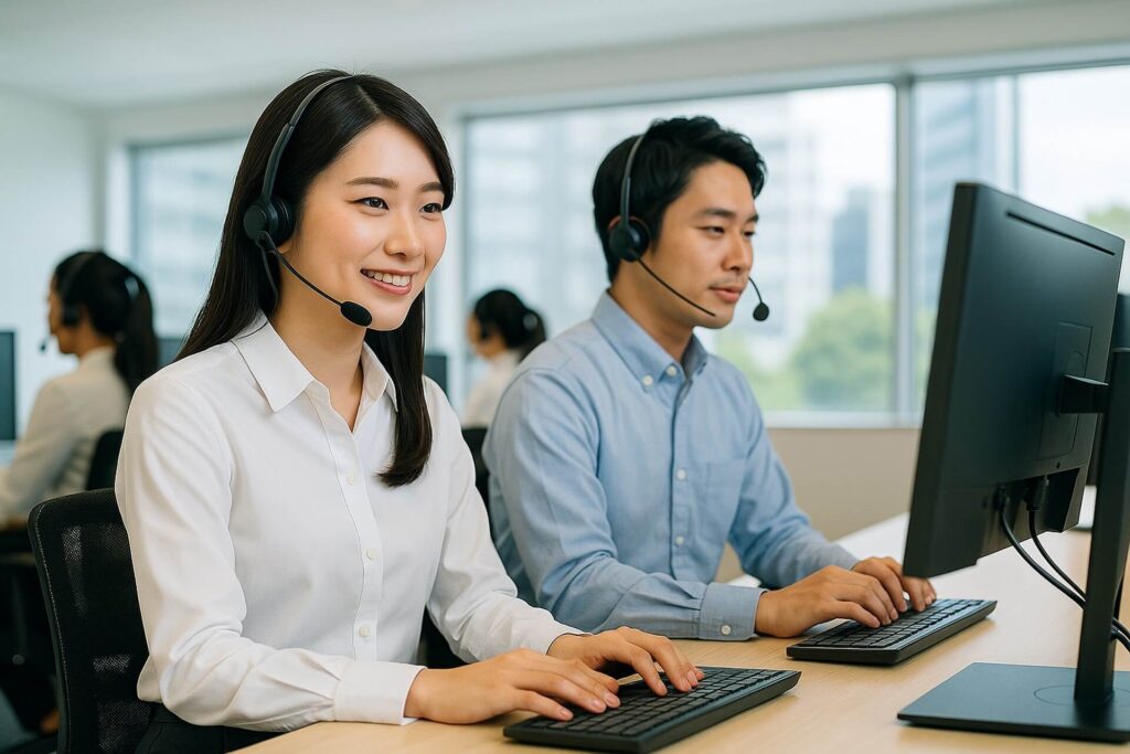 若い男女2人がパソコン画面を見ながらカスタマーサポートをしている画像