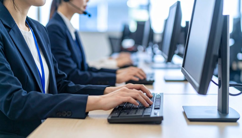 カスタマーサポートセンターの女性とパソコンの画像
