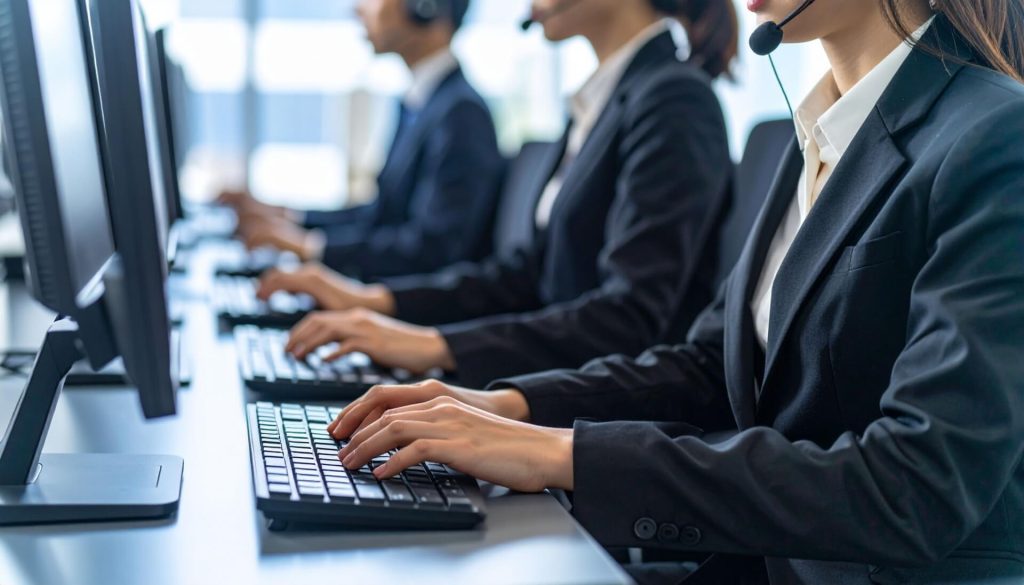 カスタマーサポートセンターの男女とパソコンの画像