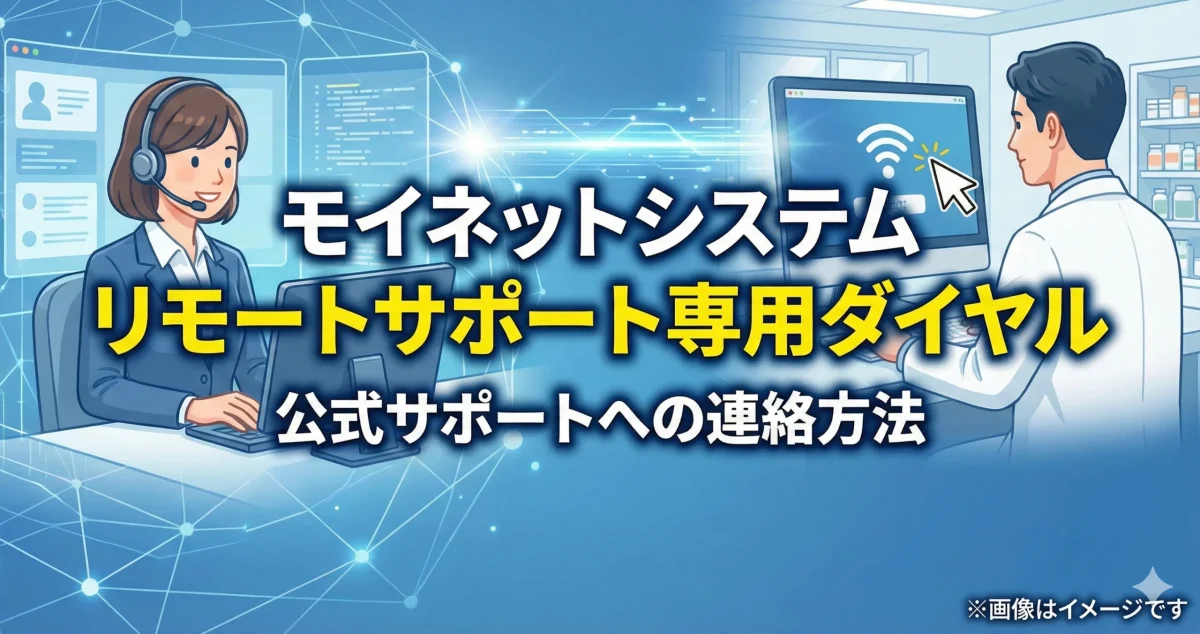 モイネットシステムのリモートサポート専用ダイヤル解説とオペレーターが白衣の男性を遠隔支援するイラストのアイキャッチ画像