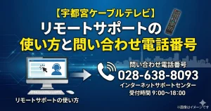 宇都宮ケーブルテレビのリモートサポートの使い方と問い合わせ電話番号028-638-8093。インターネットサポートセンター連絡先を表示したアイキャッチ画像
